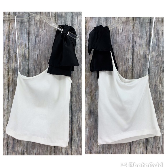 Zara NWT White One Shoulder Ribbed Top with Black Satin Shoulder Bow, Medium - Picture 12 of 16